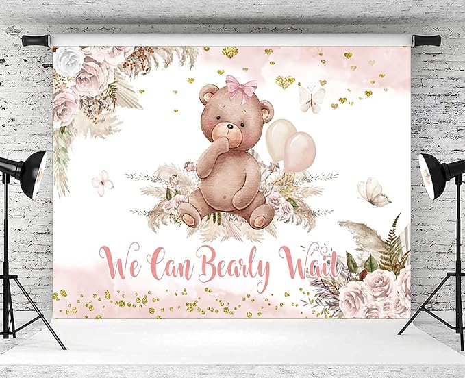 5x4ft Bear Baby Shower Backdrop Boho Pink Floral We Can Bearly Wait Photography Background It’s a Girl Baby Shower Party Banner Decorations Supplies Photo Booth Props