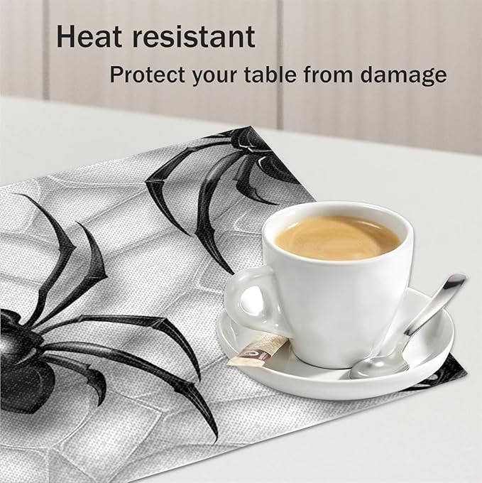 Black Spiders Placemats, Place Mats Set of 4, Heat Resistant Place Mats, Washable Table Mats for Dining Table, Non-Slip Stain Resistant Kitchen Table Placemats, Spiders Web