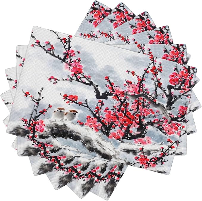 Ink Painting Cherry Blossoms Placemats Set of 4,Vintage Chinese Art Ink Painting Flower Linen Placemats Decoration for Family Dinners, Party, Holidays, Gathering 6 PCS