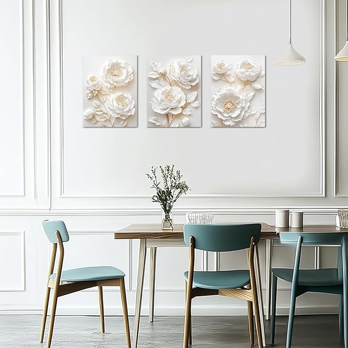 Sepwrol White Flower Canvas Wall Art Modern Abstract Rose Blooming Floral Textured Printing Artwork for Home Bedroom Living Room Wall Decor, 12"x16" 3 Panel (White-3)