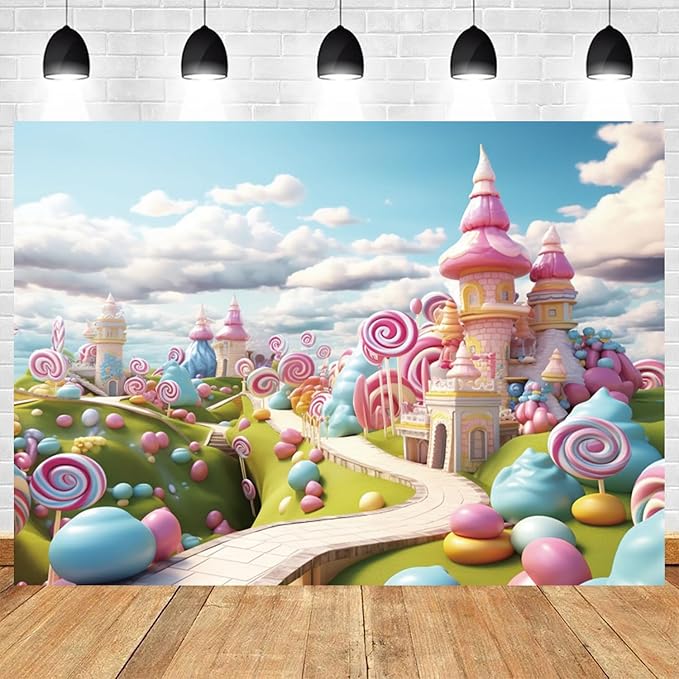 6x4ft Candyland Backdrop Fantasy Candy Castle Photography Background Sweet Lollipop Dream Blue Sky White Cloud Kids Birthday Banner Decorations Baby Shower Newborn Portrait Photo Booth Prop