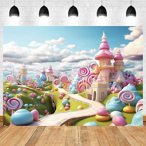 10x7ft Candyland Backdrop Fantasy Candy Castle Photography Background Sweet Lollipop Dream Blue Sky White Cloud Kids Birthday Banner Decorations Baby Shower Newborn Portrait Photo Booth Prop