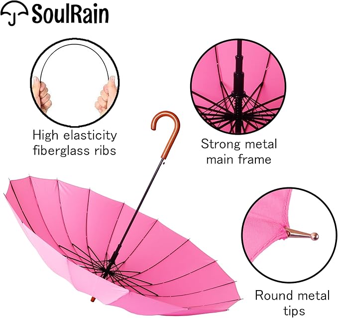 SoulRain 16 Ribs 48" Stick Umbrella Auto Open Solid Color Fashionable and Simple，Arc Classic Wood Handle，Windproof Unbreakable Stick Rain Umbrella