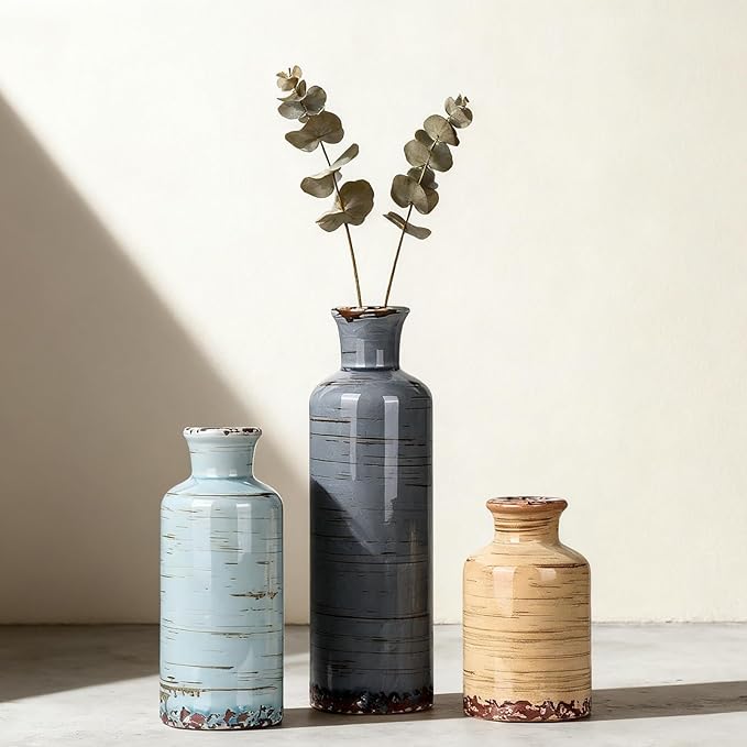 Ceramic Vase Set of 3 - Coastal Multicolor Decorative Vases for Home Decor, Rustic Farmhouse Boho Vases for Living Room, Mantel, Dining Table, Bookshelf, Kitchen or Entryway Decoration