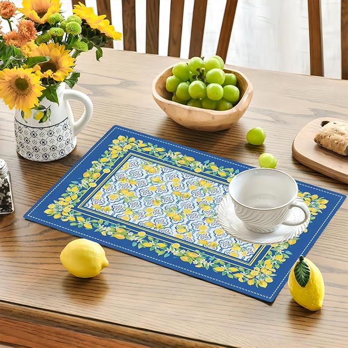 Lemon Placemats Set of 6, Farmhouse Blue Yellow Fruits Spring Summer Double-Sided Table Mats for Kitchen Dining Room Home Party Indoor Decor 6 PCS 12x18 Inch
