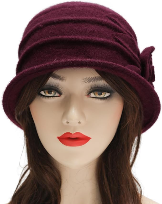 ZLYC Women Wool Cloche Bucket Hat 1920s Vintage Dress Winter Hats with Flower Accent