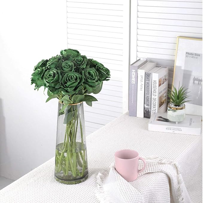 Nubry Artificial Silk Rose Flower Bouquet Lifelike Fake Rose for Wedding Home Party Decoration Event Gift 10pcs (Dark Green)