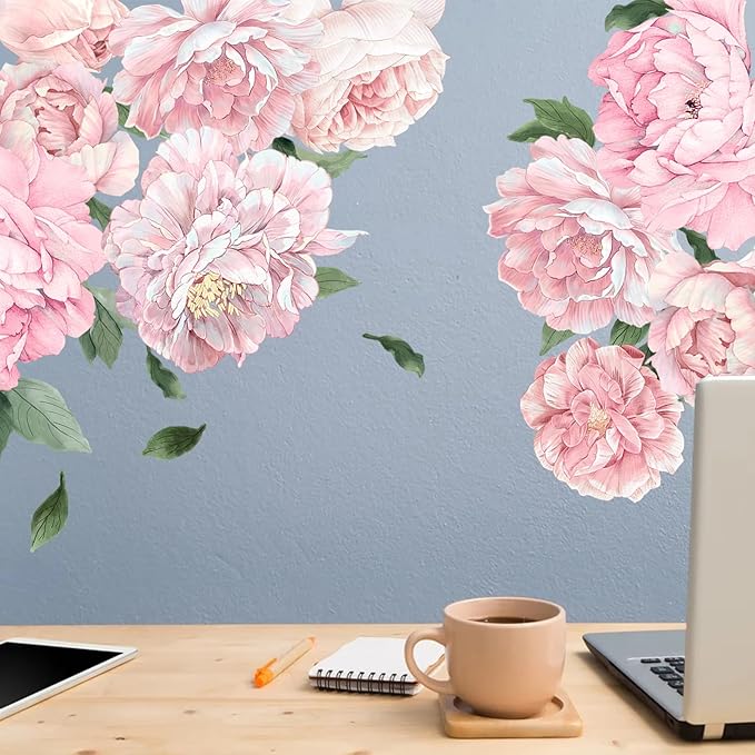Large Pink Peony Wall Decals, Blush Flower Stickers for Girls Room & Kids Bedroom, Colorful Floral Vinyl Art for Nursery, Self-Adhesive Decor