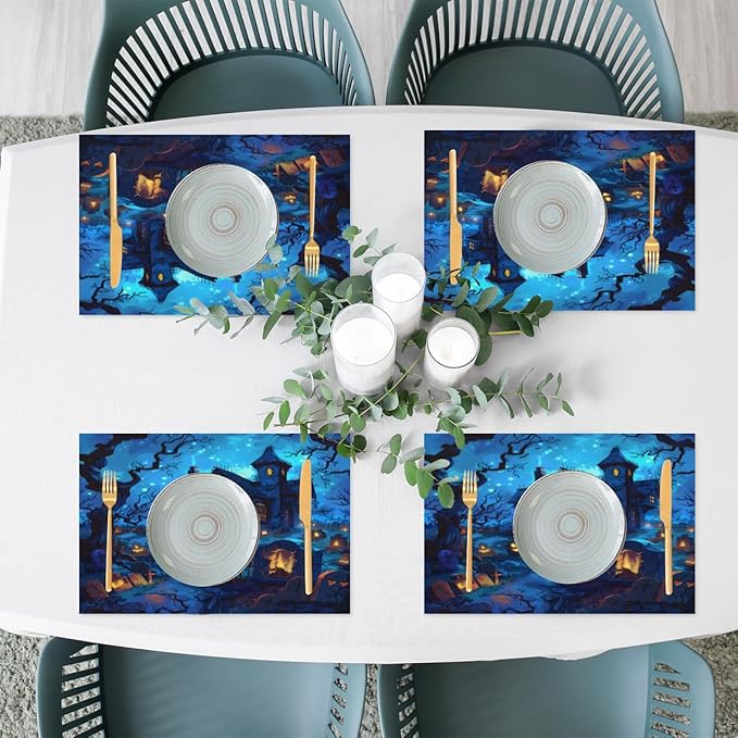Halloween Castle Scary Blue Placemats Set of 6 PVC Vinyl Non Slip Table Mats Heat Resistant Place Mats Washable Wipeable Dining Table Mat for Kitchen Decor Party Indoor Outdoor Decorative Gift