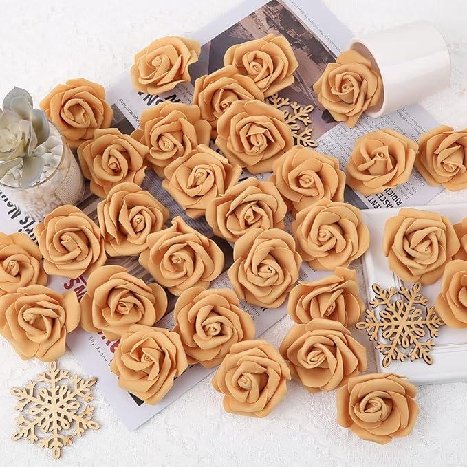 IPOPU Artificial Rose Flower Heads, 100 Pcs Real Looking Gold Yellow Foam Fake Roses for DIY Wedding Baby Shower Centerpieces Arrangements Party Tables Home Decorations (Gold Yellow, Stemless)