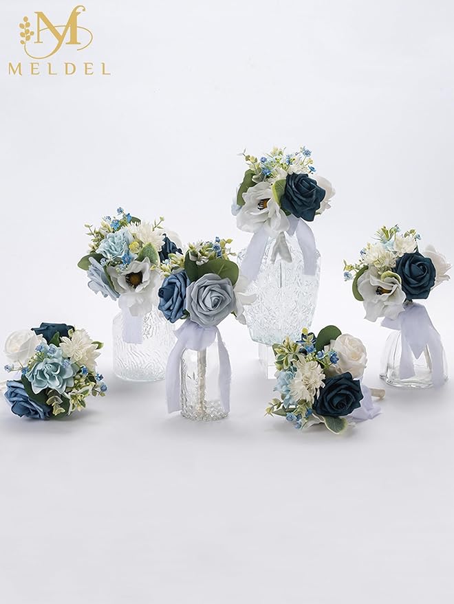 Meldel Blue Wedding Bouquet Set of 6, Mini Bridesmaid Bride Bouquets, Small Bridal Flowers, Fake Flower Artificial Floral Wedding Centerpieces Decor Party Prom