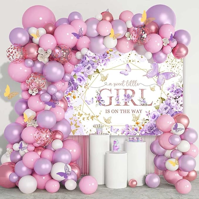 Sensfun Butterfly Baby Shower Backdrop A Sweet Little Girl is On The Way Photography Background Purple Butterfly Floral Princess Baby Shower Decorations Banner Party Supplies Photoshoot Props 10x7ft