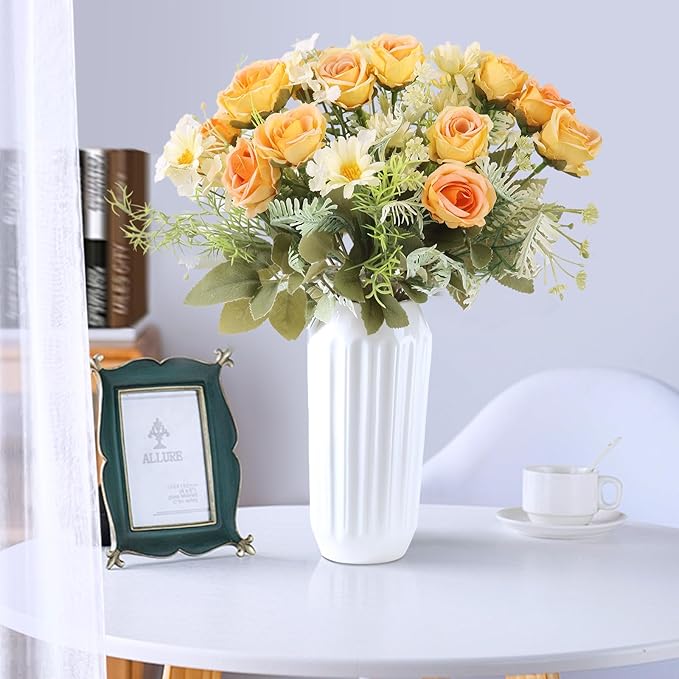 Artificial Silk Fake Flowers Bouquet Fake Roses Flowers Faux Flower Arrangement Wedding Bride Bouquets for Home Centerpieces Decor(Yellow)