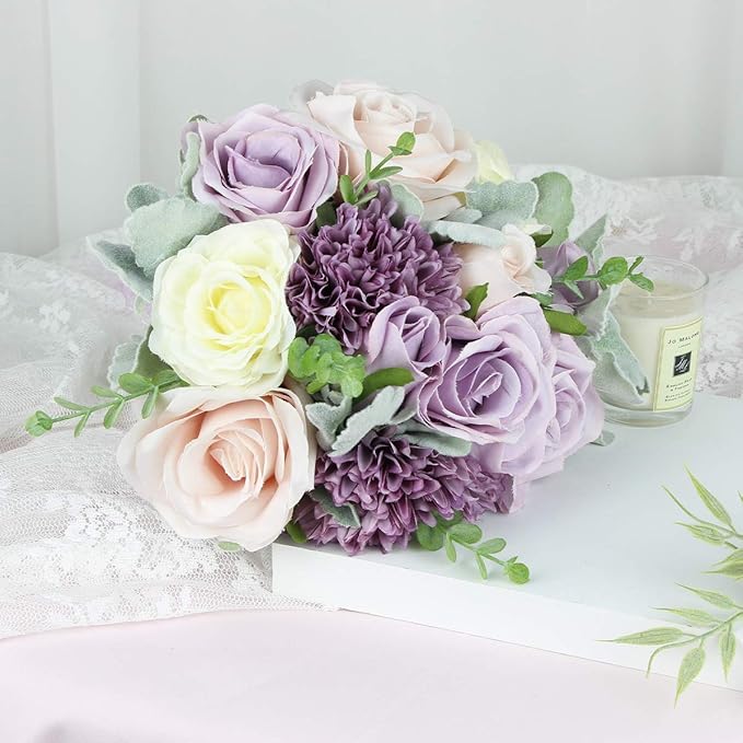 Rinlong 9" Wedding Bouquet for Bride Bridal Bridesmaid Artificial Flowers Pastel Purple Silk Tossing Wedding Prom Bouqeut