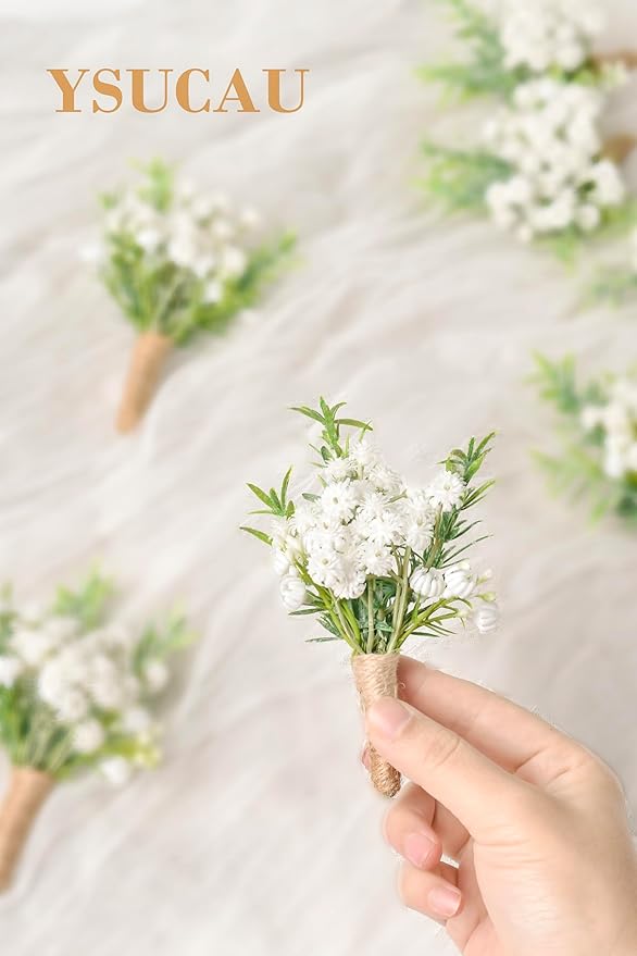 Baby Breath Boutonnieres for Men Wedding,Set of 2, Natural White Groom and Groomsmen Boutonniere with Pin for Rustic Fall Vintage Wedding, Prom and Homecoming