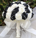 Bridal Wedding Bouquet Round Bling Brooch Bouquet Throw Toss Artificial Rose Flower Bunch for Bride Bridesmaid Wedding Quinceanera(Black & Ivory, 6.3")