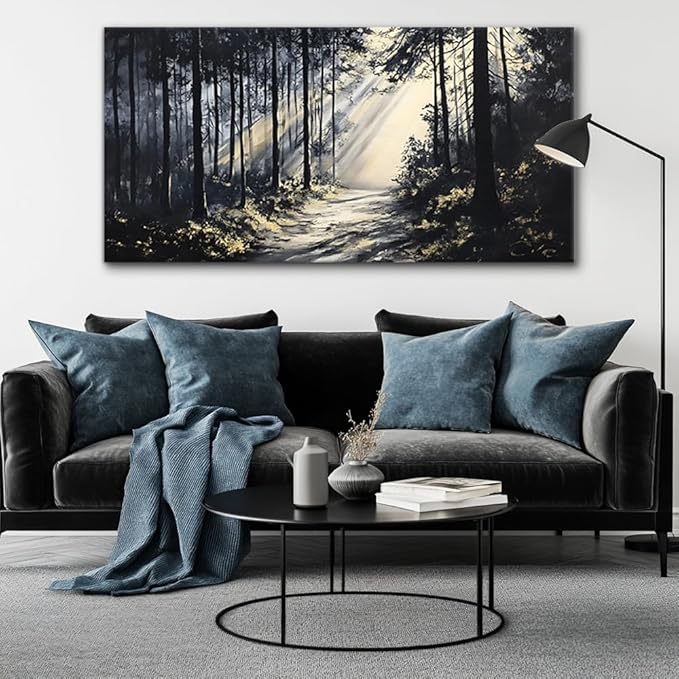LAVIKARS Rustic Sunlight Forest Wall Art for Living Room Office Black and White Modern Landscape Canvas Painting Prints Large Nature Artwork Home Kitchen Bedroom Decor (16x30 Inches)