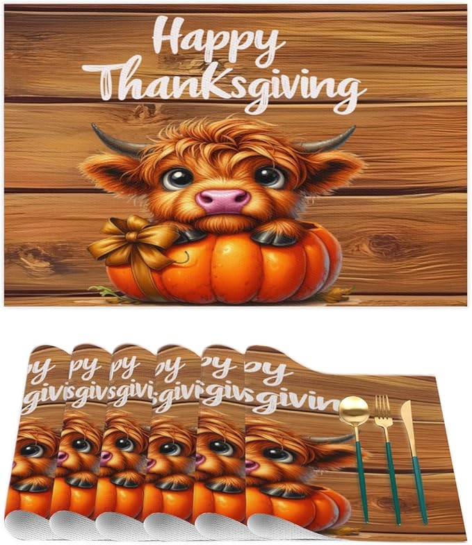 Thanksgiving Pumpkin Highland Cow Placemats Set of 4 PVC Vinyl Non Slip Table Mats Heat Resistant Place Mats Washable Wipeable Dining Table Mat for Kitchen Decor Party Indoor Outdoor Decorative Gift