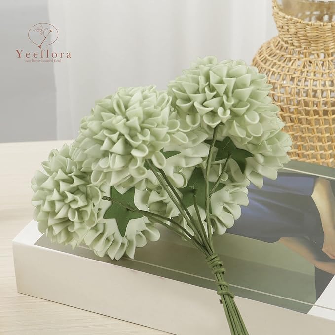 Artificial Flowers, 25pcs Realistic Artificial Rose for DIY Wedding Bouquets Centerpieces Arrangements, Sage Green Dahlia Flowers with Stem for Bridal Shower Party Home Decorations