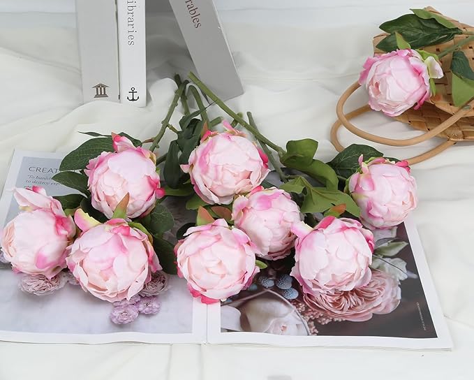 10pcs Pink Peonies Artificial Flowers Fake Silk Peonies with Single Stem Faux Peonies Flowers for Wedding Table Centerpieces Home Decorations Bridal Bouquets Floral Arrangements (Light Pink)