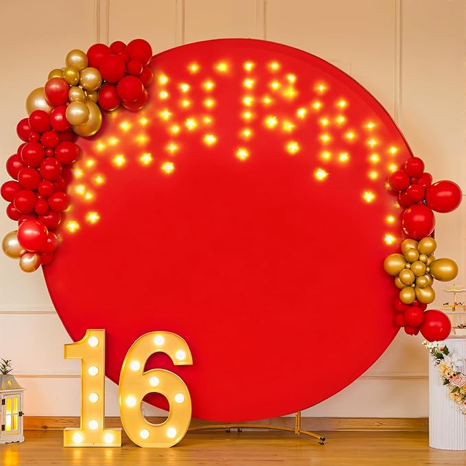 6.6 FT Red Round Backdrop Cover with Lights String for Circle Arch Stand Circle Backdrop Covers with LED Fairy Lights for Wedding Arch Baby Shower Birthday Party Photo Shoot Photography Background