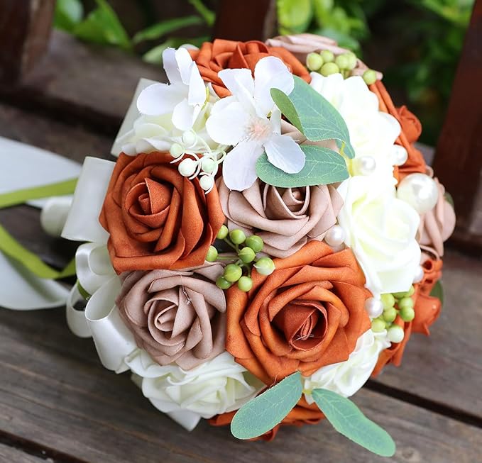Lightweight Bridal Wedding Bouquet Round Holding Bouquet Throw Toss Artificial Rose Flower Bunch for Bride Bridesmaid Wedding Quinceanera (Cream, Coral & Rosy Brown, 7.9")