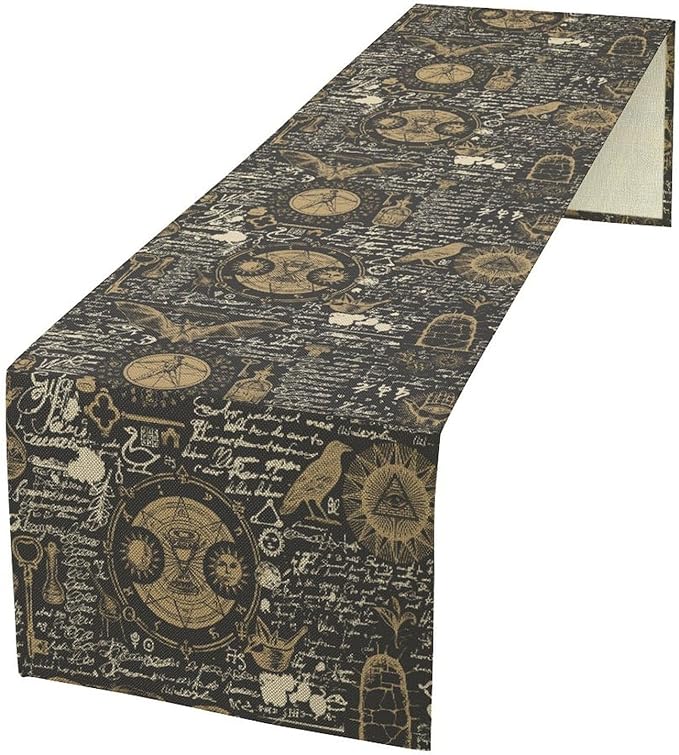 Gothic Table Runner,Black Gold Vintage Theme Print Table Runner for Home Kitchen Table Dining Garden Farmhouse Wedding Party Decor 13x120 Inch