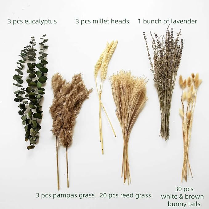 Musunny Dried Flowers Bouquet, 17" Dried Pampas Grass Decor Inc Lavender Eucalyptus DIY Floral Arrangements for Home Office Decoration,Wedding centerpieces