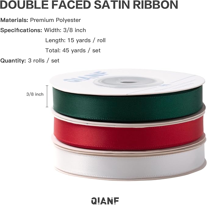 Red/Dark Green/White Double Face Satin Ribbon 3/8 Inch x 45 Yards Fabric Ribbon for Gift Wrapping, Flower Bouquets, Hair Bows Making, Wedding Decoration, Christmas (3 Rolls *15Yd)