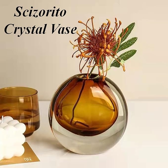 Crystal Vase, Modern Decorative Vase, Minimalist Floral Vase, Light Luxury Style for Home Decor, Centerpiece, Office, Pampas Grass, Dried Flowers, Flowers and Buds (Amber)