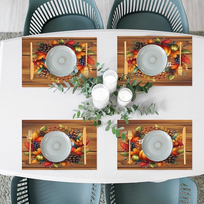 Thanksgiving Pumpkin Holiday Rainbow Placemats Set of 4 PVC Vinyl Non Slip Table Mats Heat Resistant Place Mats Washable Wipeable Dining Table Mat for Kitchen Party Indoor Outdoor Decorative Gift