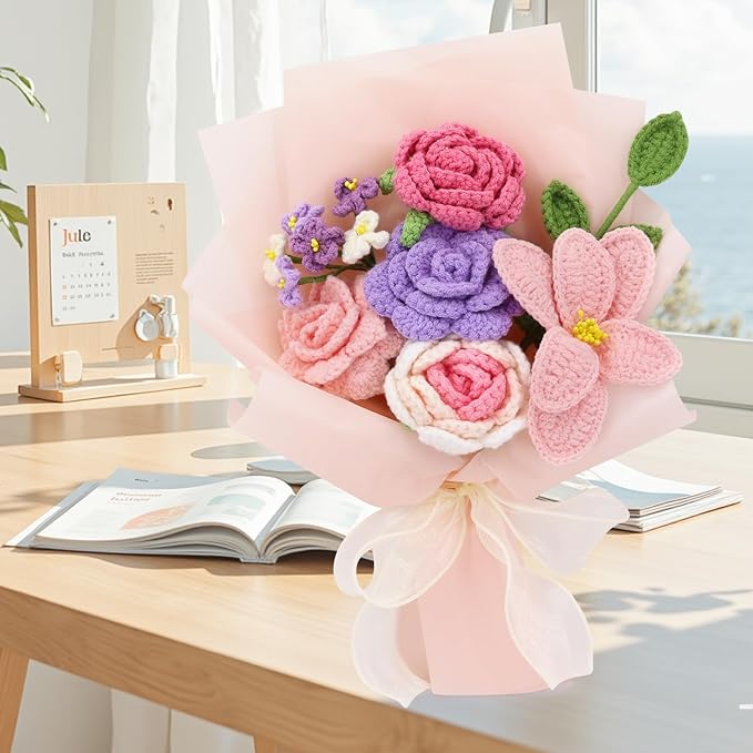 Crochet Flowers,Finished Bouquet Crocheted Cotton Thread Flowers, Handmade Crochet Rose Tulip Fern Leaf as a Gift for Lover, Friends. Artificial Flower (Light Pink)