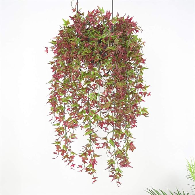 PASYOU Artificial Vine, Hanging Ivy Sweet Potato Leaves Plastic Plants Foliage Vines, UV Resistant Greenery Fake Flowers for Indoor Outdoor Garden Door Wall Wedding Party Table Decoration Red 4 Pack