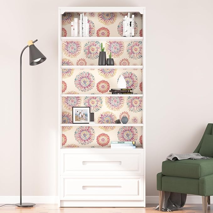 Beige Boho Wallpaper Peel and Stick, Vintage Circle Floral Contact Paper 17.5" x 393", Abstact Retro Blue/Pink Flower Wall Paper Self Adhesive Removable Waterproof for Walls Shelves Cabinet Table