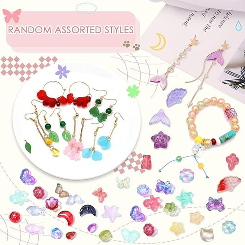 150-200Pcs Assorted Glass Beads for Jewelry Making Colorful Beads of Various Flower Butterfly Geometric Animal Bow Charms Crystal Loose Bead for Bracelet Necklace Earrings Pendant Crafts DIY