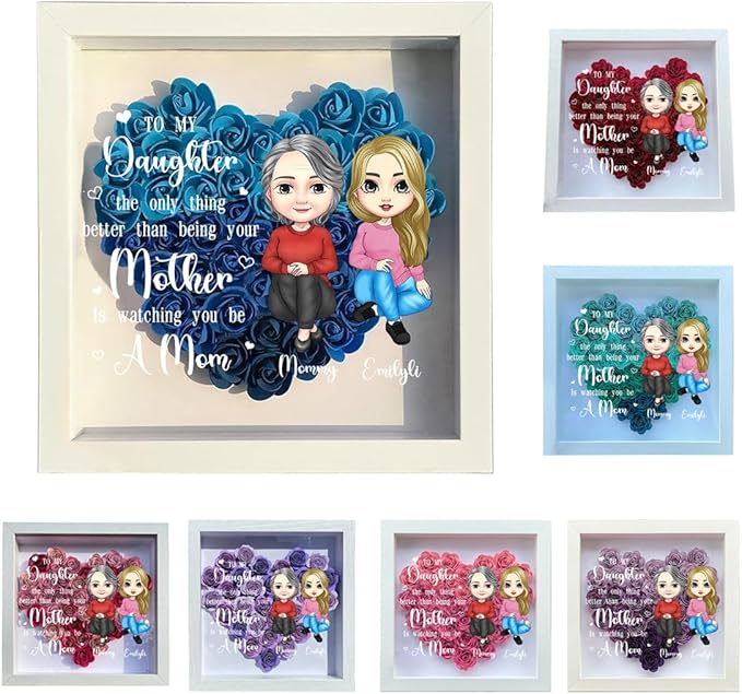 Personalized Mom Flower Shadow Box Custom Heart Shaped Rose Flower Shadow Box Frame To My Daughter Mother's Day Portrait Shadowbox Memory Gifts for Mom from Daughter Christmas Birthday