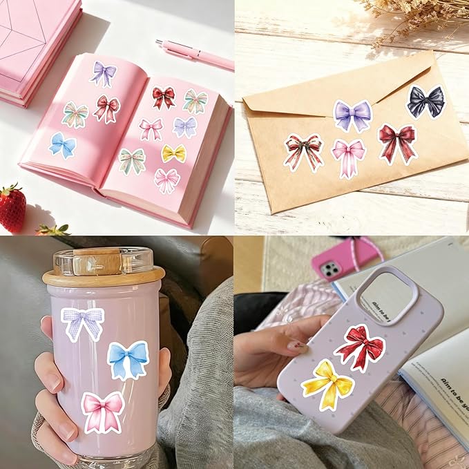 18 Sheets 7 Colors Bow Stickers, 720 PCS Cute Aesthetic Coquette Girly Decorative Stickers with 360 Designs for Crafts Scrapbooking Journaling Party Favors for Teens Women