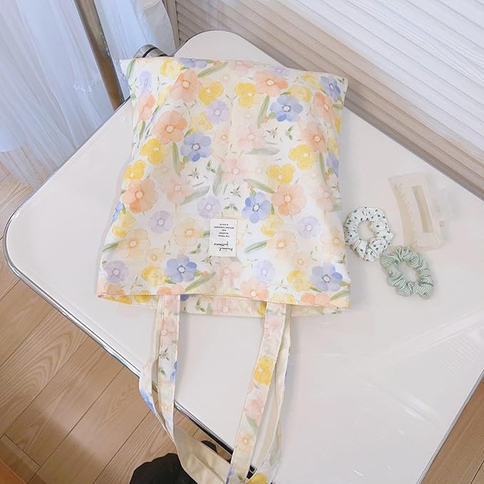 Cotton Canvas Tote Bag Reusable Soft Grocery Cloth Bag Floral Shoulder Bag for Beach Travel Shopping