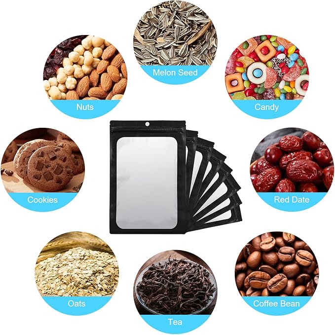 400 Pack 4 Size Bags with Clear Window,Scratch Resistant Hand Holographic Packaging Pouch,Resealable Bag for Small Bussiness Cookies Jewelry Candy Sample (Black, 2.4×3.9,3x4.7,4×7,5.5×7.9 inch)