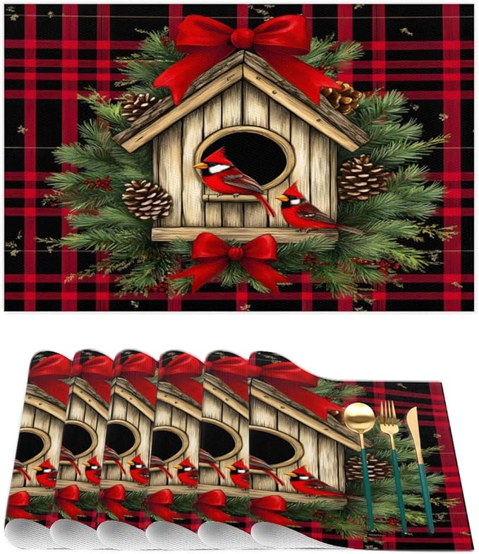Christmas Art Waffle Cardinal Placemats Set of 4 PVC Vinyl Non Slip Table Mats Heat Resistant Place Mats Washable Wipeable Dining Table Mat for Kitchen Decor Party Indoor Outdoor Decorative Gift