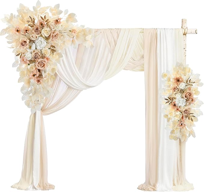 Wedding Arch Flowers with Drapes Kit (Pack of 5) - 2pcs Artificial Beige & Cream Deluxe Swag with 3pcs Hanging Drapes for Wedding Ceremony Arbor Reception Backdrop Rose Floral Decorations