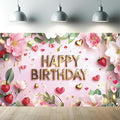 Pink Happy Birthday Backdrop Banner Gold Floral Heart Strawberry Design Photography Background Girls Birthday Party Decorations Photo Booth Supplies 71x43 Inch
