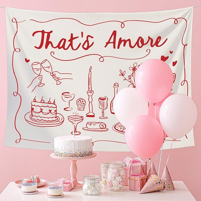 That's Amore Backdrop Italian Wedding Engagement Party Decoration Photography Background Banner Red Hand Drawn Photo Prop for Bachelorette Bridal Shower, 7 x 5 Ft