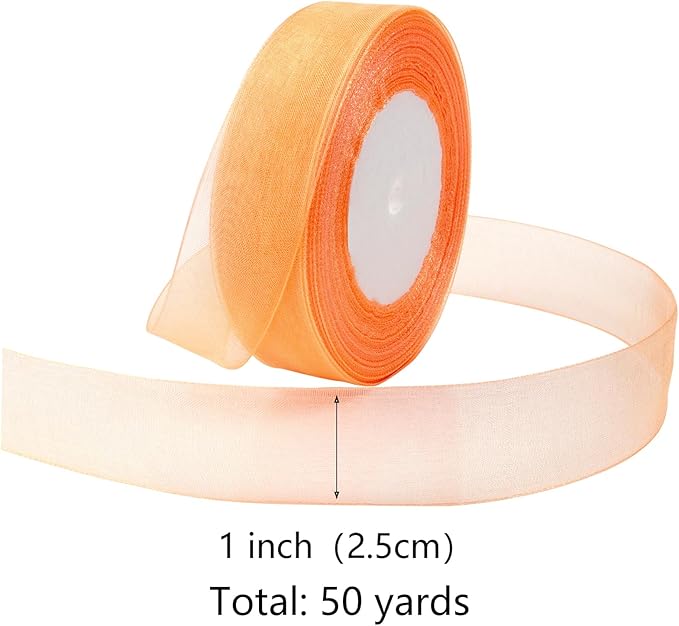 Orange Ribbon for Gift Wrapping 1 inch Sheer Organza Ribbon for Flower Bouquet Tulle Thin Chiffon Ribbons for Wedding Invitations Presents Decorations Crafts 50 Yards