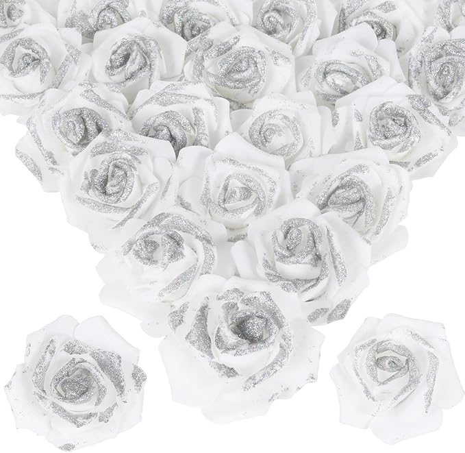 100pcs Stemless White Fake Foam Roses with Silver Glitter, 2.56" Artificial Roses for DIY Craft Baby Shower Centerpieces Wedding Flower Decor (White)