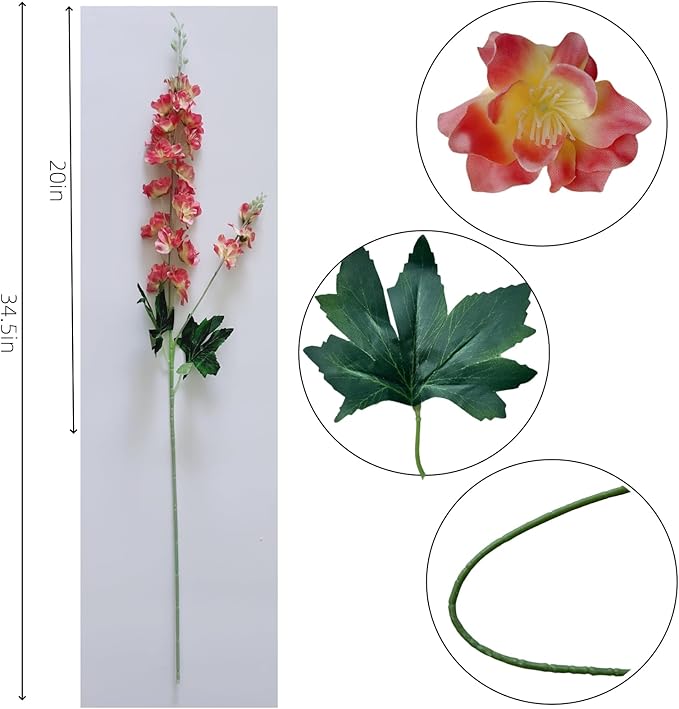 8 pcs Coral Delphinium Artificial Flowers, 34.25''Artificial Snapdragon Flowers Tall Fake Flowers Silk Flowers Faux Delphinium Bulk for Tall Vase Home Wedding Garden Table Decor (Coral)