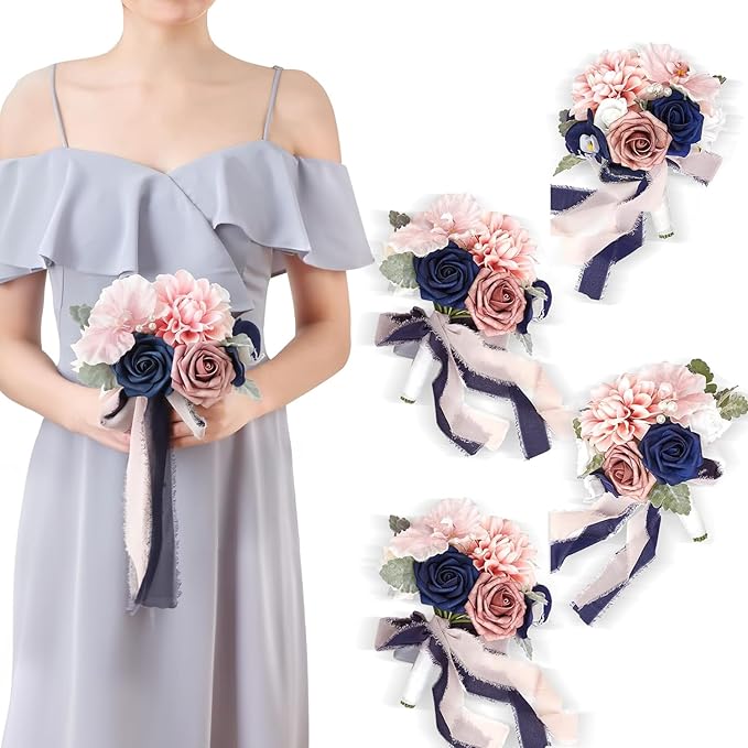 TINGE TIME 7inch Wedding Bouquets for Bridesmaid, Artificial Flowers Cascading Bridal Bouquet for Wedding (Dusty Rose & Navy Blue, Set of 4)