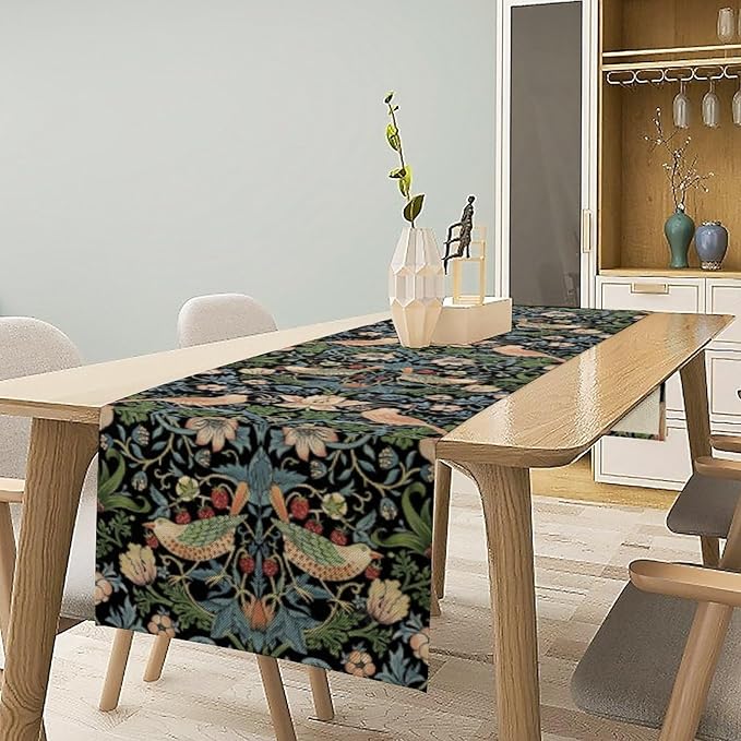 William Morris Floral Table Runner, Strawberry Thief Birds in Green and Blue Table Runner for Home Kitchen Dining Table Decoration,13x70 Inch