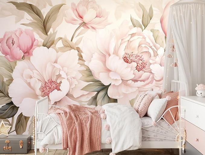 Pink Floral Wallpaper Peel and Stick Large Peony Flower Self Adhesive Wall Mural for Living Room Bedroom 137"x100"