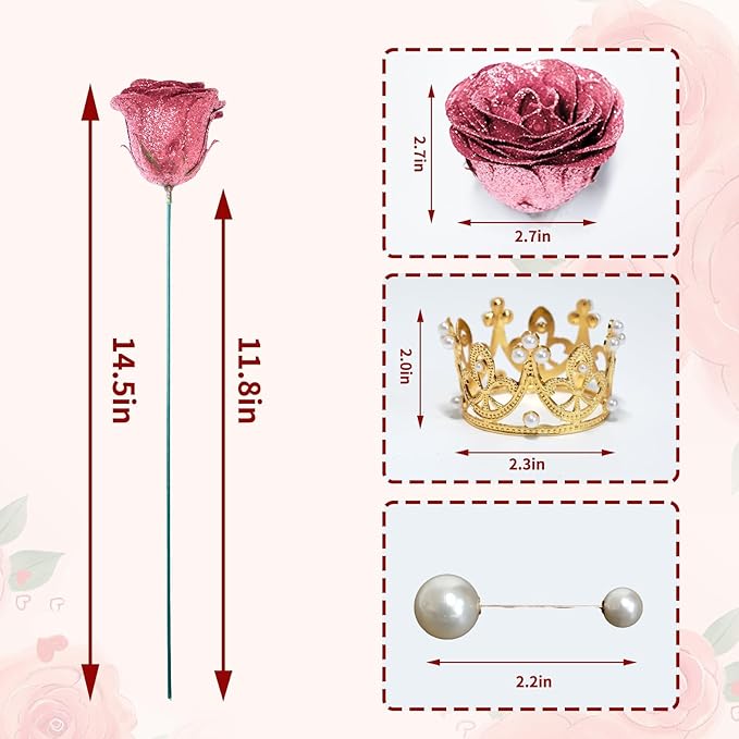 Glitter Roses Bouquet, Shiny Artificial Roses Flowers with Stems DIY Fake Glitter Flowers Bouquet for Valentine's Day, Mother's Day, Anniversary, Graduation, Birthday, Wedding, 24 Roses (Rose Gold)
